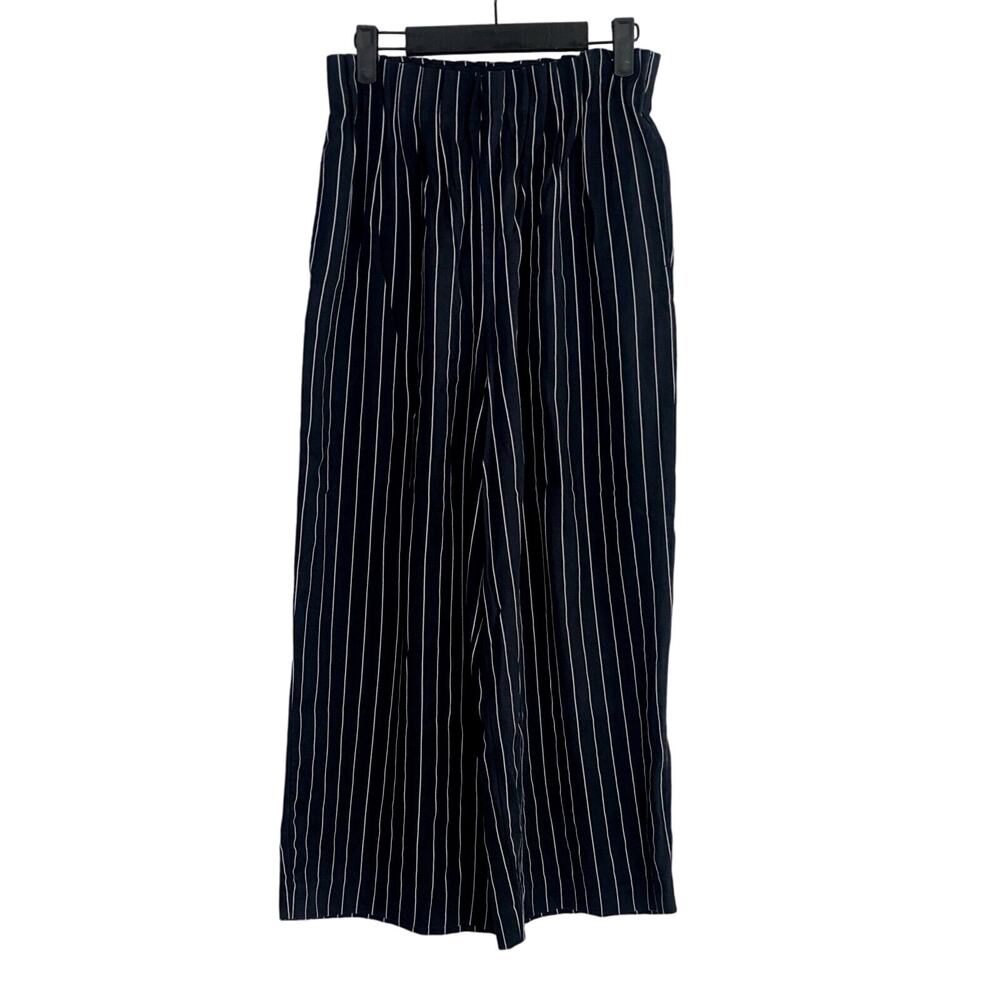 Zara Striped Wide Leg Crop Paperbag Trousers Elastic Waist Pockets S Black White